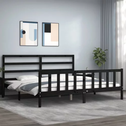 fekete tömör fa ágykeret fejtámlával 200 x 200 cm