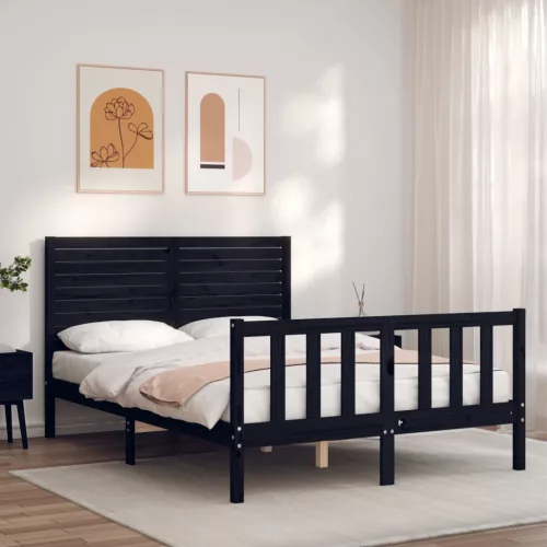 vidaXL fekete tömör fa ágykeret fejtámlával Double