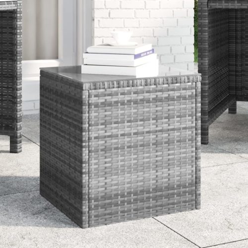 szürke polyrattan és edzett üveg kisasztal 40 x 37 x 40,5 cm