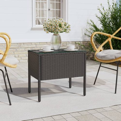 Fekete polyrattan és edzett üveg kisasztal 53 x 37 x 48 cm