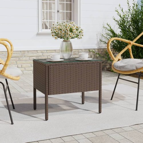  barna polyrattan és edzett üveg kisasztal 53 x 37 x 48 cm