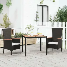   Fekete polyrattan és tömör akácfa kerti asztal fa asztallappal