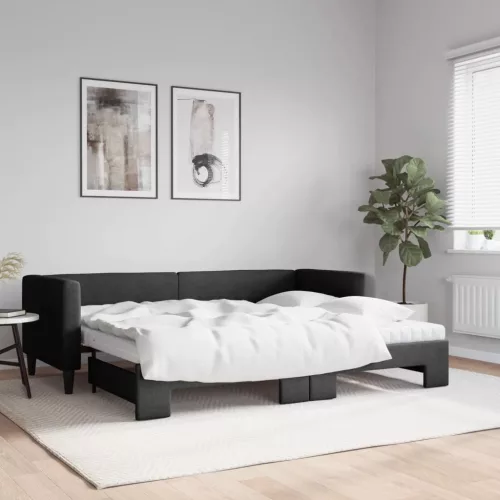 fekete kihúzható szövet heverő matracokkal 80 x 200 cm