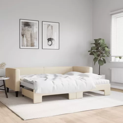 krémszínű kihúzható szövet heverő matracokkal 80 x 200 cm