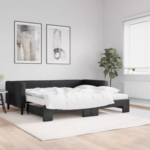 fekete kihúzható szövet heverő matracokkal 90 x 200 cm