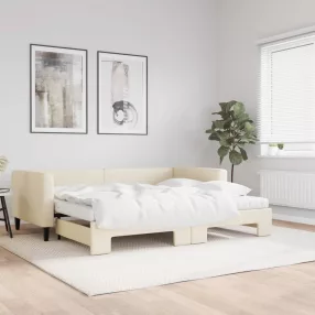   krémszínű kihúzható szövet heverő matracokkal 90 x 200 cm
