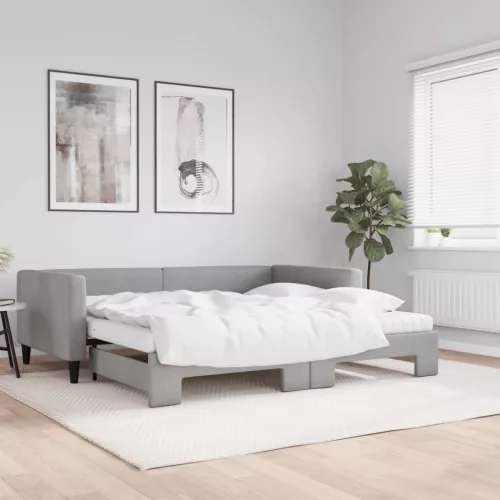 világosszürke kihúzható szövet heverő matracokkal 100 x 200 cm
