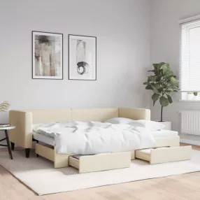   krémszínű kihúzható szövet heverő fiókokkal 80 x 200 cm