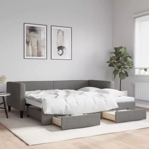 sötétszürke kihúzható szövet heverő fiókokkal 90 x 200 cm