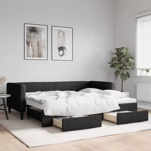 fekete kihúzható szövet heverő fiókokkal 90 x 200 cm