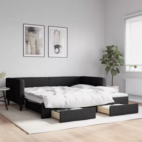 fekete kihúzható szövet heverő fiókokkal 100 x 200 cm