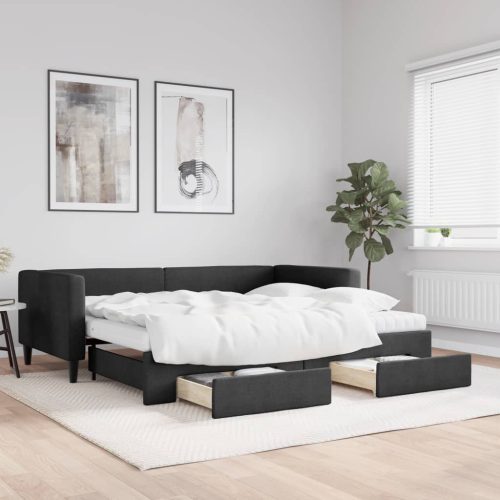fekete kihúzható szövet heverő fiókkal 90 x 190 cm