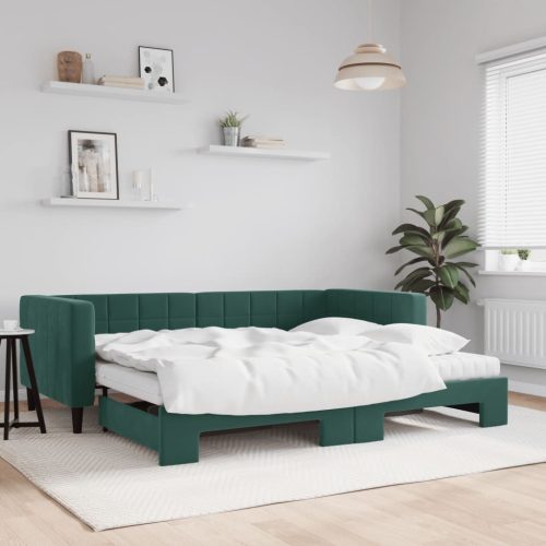 sötétzöld kihúzható bársony heverő matraccal 90 x 200 cm