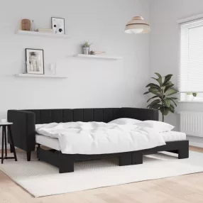 fekete kihúzható bársony heverő matracokkal 90 x 190 cm