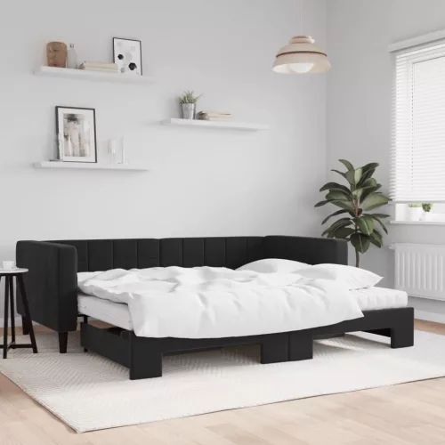 fekete kihúzható bársony heverő matracokkal 90 x 190 cm