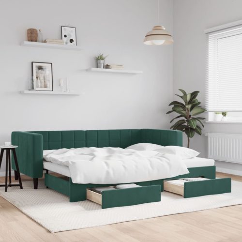sötétzöld kihúzható bársony heverő fiókkal 80 x 200 cm