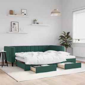   sötétzöld kihúzható bársony heverő fiókkal 90 x 200 cm