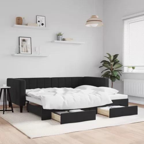 fekete kihúzható bársony heverő fiókkal 90 x 200 cm