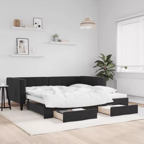 fekete kihúzható bársony heverő fiókkal 90 x 190 cm