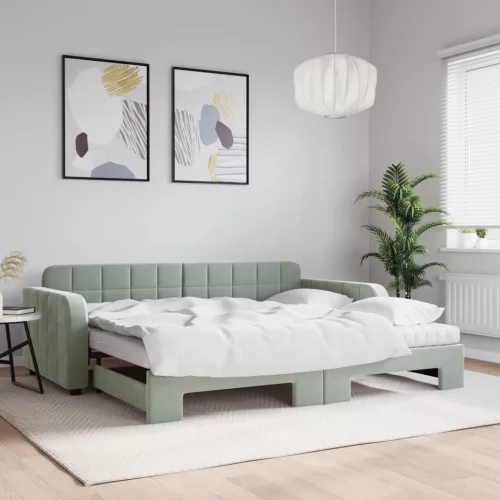 vidaXL világosszürke kihúzható bársony heverő matraccal 90 x 190 cm