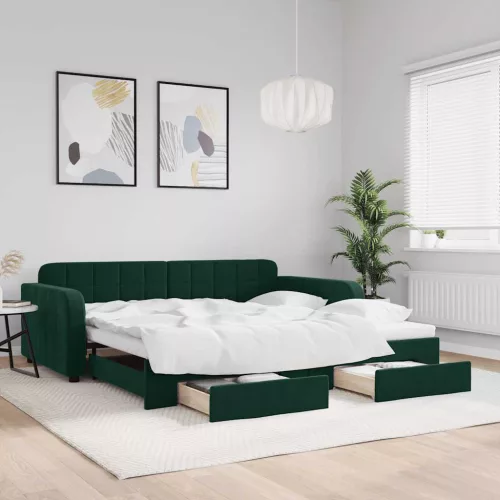 vidaXL sötétzöld kihúzható bársony heverő fiókkal 100 x 200 cm
