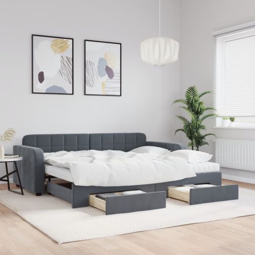 sötétszürke kihúzható bársony heverő fiókkal 90 x 190 cm