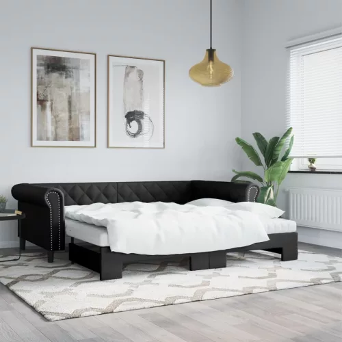 fekete kihúzható műbőr heverő matraccal 90 x 200 cm