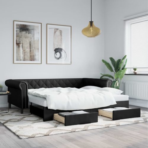 fekete kihúzható műbőr heverő fiókkal 90 x 200 cm