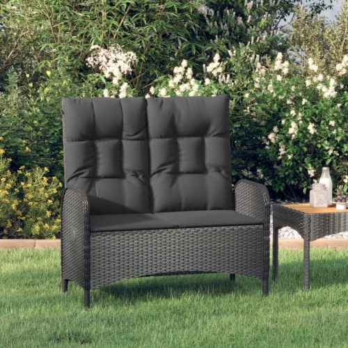  fekete polyrattan dönthető kerti pad párnákkal 107 cm