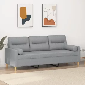   3 személyes világosszürke szövet kanapé díszpárnákkal 180 cm