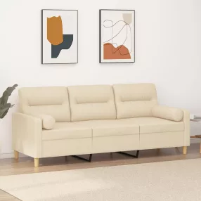   3 személyes krémszínű szövet kanapé díszpárnákkal 180 cm