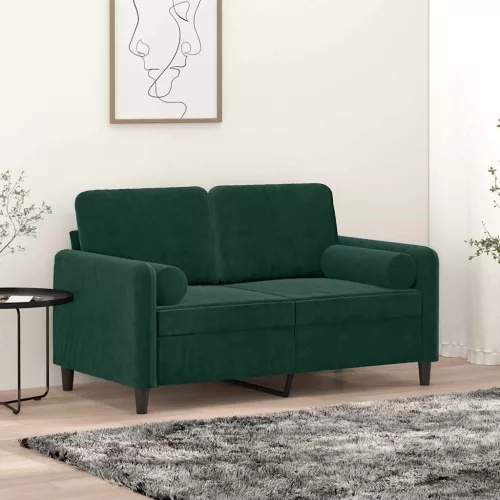 2 személyes sötétzöld bársony kanapé díszpárnákkal 120 cm