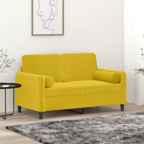 2 személyes sárga bársony kanapé díszpárnákkal 120 cm