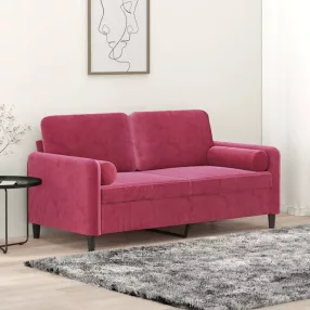 2 személyes bordó bársony kanapé díszpárnákkal 140 cm