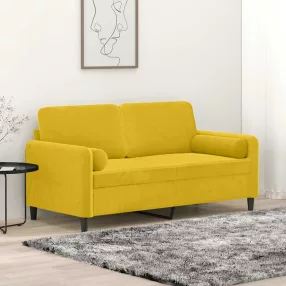 2 személyes sárga bársony kanapé díszpárnákkal 140 cm