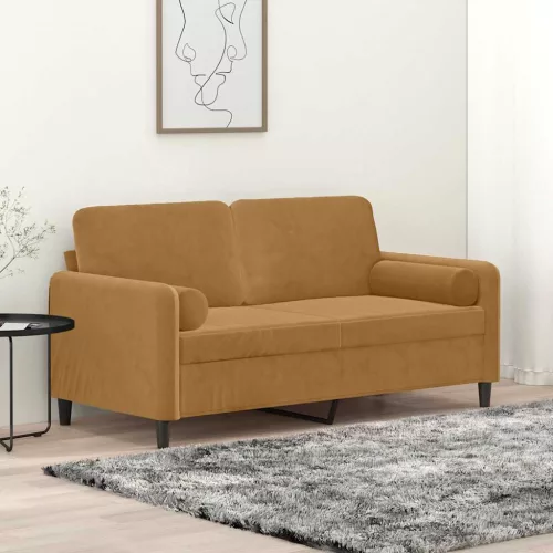 2 személyes barna bársony kanapé díszpárnákkal 140 cm