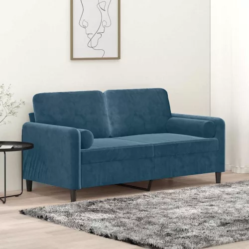 2 személyes kék bársony kanapé díszpárnákkal 140 cm