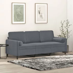   3 személyes sötétszürke bársony kanapé díszpárnákkal 180 cm