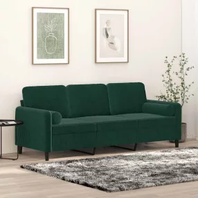   3 személyes sötétszürke bársony kanapé díszpárnákkal 180 cm