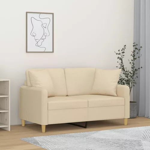 2 személyes krémszínű szövet kanapé díszpárnákkal 120 cm