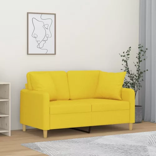 2 személyes világossárga szövet kanapé díszpárnákkal 120 cm
