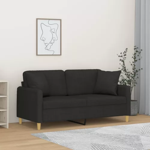 2 személyes fekete szövet kanapé díszpárnákkal 140 cm