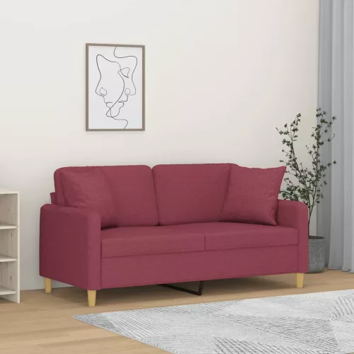 2 személyes bordó szövet kanapé díszpárnákkal 140 cm