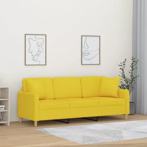3 személyes világossárga szövet kanapé díszpárnákkal 180 cm