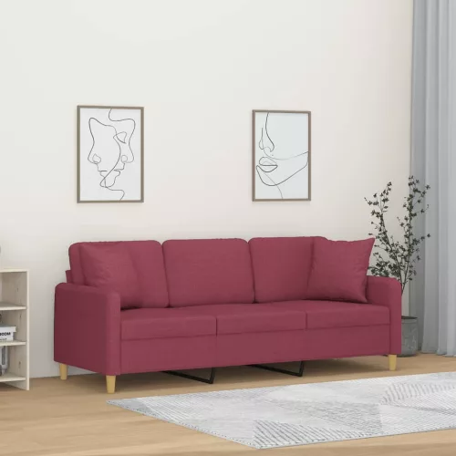 3 személyes bordó szövetkanapé díszpárnákkal 180 cm
