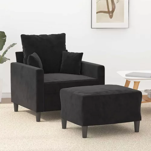 Fekete bársony kanapéfotel lábtartóval 60 cm