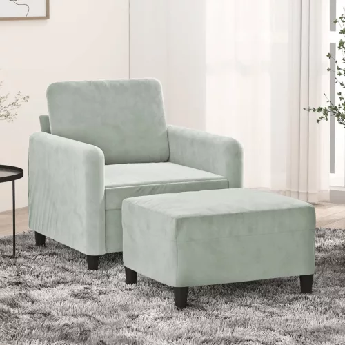 Világosszürke bársony kanapéfotel lábtartóval 60 cm