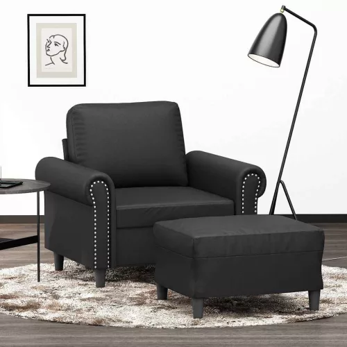 Fekete műbőr kanapéfotel lábtartóval 60 cm