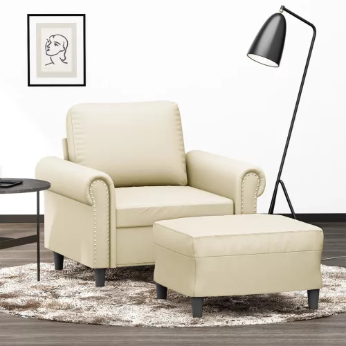 Krémszínű műbőr kanapéfotel lábtartóval 60 cm