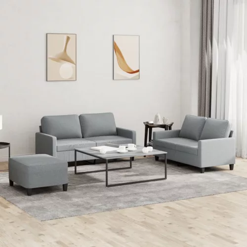 3 részes világosszürke szövet ülőgarnitúra párnákkal